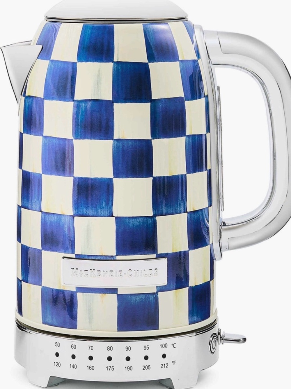 MacKenzie-Childs Blue and Cream Check Electric Kettle with Chrome Accents
